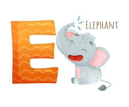 E letter and cute elephant baby animal. Zoo alphabet for children education, home or kindergarten decor cartoon vector illustrationのイラスト素材