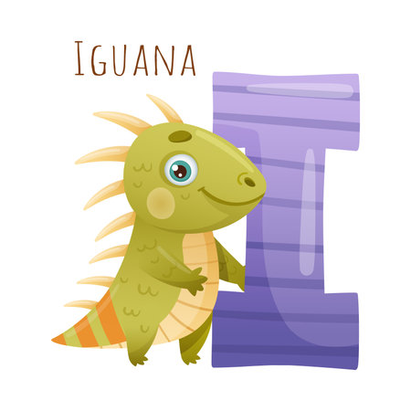 I letter and cute iguana baby animal. Zoo alphabet for children education, home or kindergarten decor cartoon vector illustrationのイラスト素材