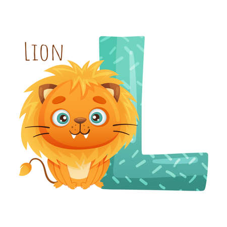 L letter and cute lion baby animal. Zoo alphabet for children education, home or kindergarten decor cartoon vector illustrationのイラスト素材