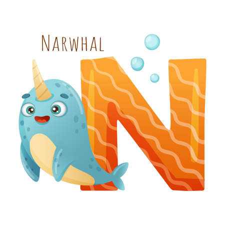 N letter and cute narwhal baby animal. Zoo alphabet for children education, home or kindergarten decor cartoon vector illustrationのイラスト素材
