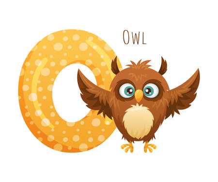 O letter and cute owlet baby animal. Zoo alphabet for children education, home or kindergarten decor cartoon vector illustrationのイラスト素材