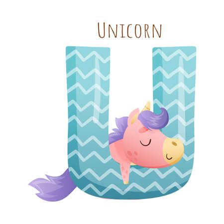U letter and cute unicorn baby animal. Zoo alphabet for children education, home or kindergarten decor cartoon vector illustrationのイラスト素材