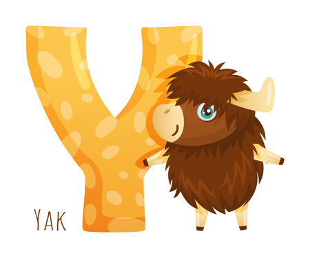 Y letter and cute yak baby animal. Zoo alphabet for children education, home or kindergarten decor cartoon vector illustrationのイラスト素材