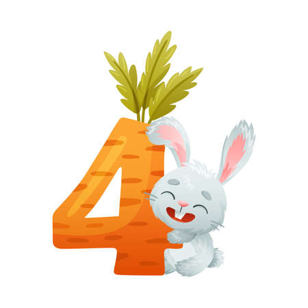4 number and cute bunny baby animal. Educational numbers for children, home or kindergarten decor cartoon vector illustrationのイラスト素材