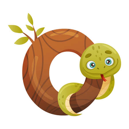 Zero number and cute snake reptile animal. Educational numbers for children, home or kindergarten decor cartoon vector illustrationのイラスト素材