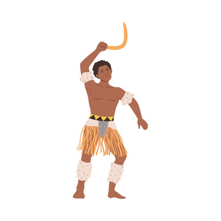 African man in traditional clothes dancing ritual dance with boomerang cartoon vector illustrationのイラスト素材
