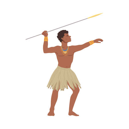 Young African man in traditional national clothes throwing spear cartoon vector illustrationのイラスト素材