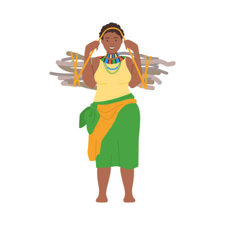 Young plump African woman in traditional national clothes carrying bundle of brushwood cartoon vector illustrationのイラスト素材
