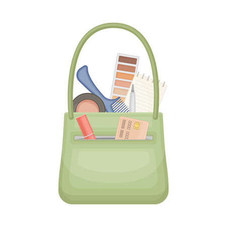 Green handbag full of typical woman things and accessories as eyeshadow, credit card, lipstick, blush vector illustrationのイラスト素材