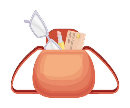 Orange handbag full of typical woman things and accessories as glasses, lipstick, credit card vector illustrationのイラスト素材