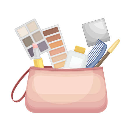 Cosmetic bag full of typical woman things and accessories as eyeshadow, blush, lipstick, cream, comb, pencil, mirror vector illustrationのイラスト素材