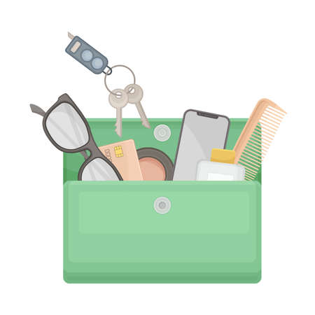 Female skin care cosmetic products in cosmetic bag. Green bag full of typical woman things and accessories vector illustrationのイラスト素材
