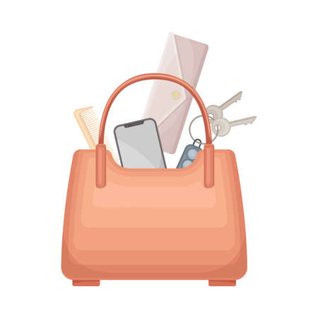 Handbag full of typical woman things and accessories as glasses, key, haircomb, smartphone vector illustrationのイラスト素材