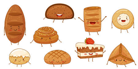 Bakery food cartoon characters set. Cute tasty bakery pastries with funny smiling faces vector illustrationのイラスト素材