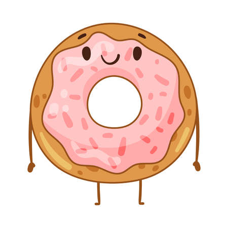 Bakery food cartoon character. Cute glazed donut with funny smiling face vector illustrationのイラスト素材