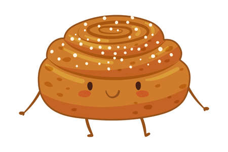 Bakery food cartoon character. Cute bun with sesame seeds funny smiling face vector illustrationのイラスト素材