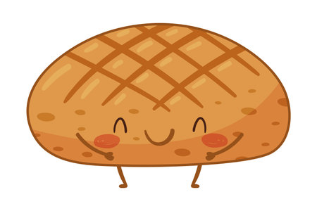 Bakery food cartoon character. Cute bun with funny smiling face vector illustrationのイラスト素材