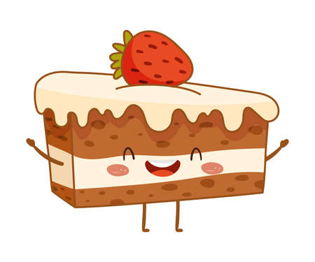Bakery food cartoon character. Cute cake dessert with funny smiling face vector illustrationのイラスト素材