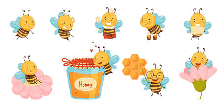 Cute funny honey bees set. Beekeeping and apiculture cartoon vector illustrationのイラスト素材