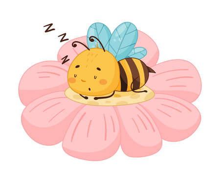 Adorable honey bee sleeping on pink flower cartoon vector illustrationのイラスト素材