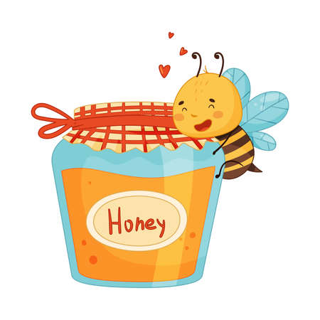 Adorable honey bee carrying jar of honey cartoon vector illustrationのイラスト素材