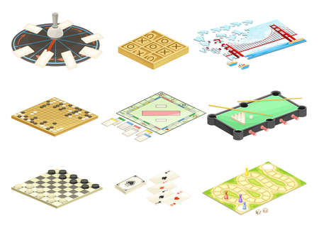 Board games set. Checkers, roulette, go, billiard, puzzle games flat vector illustrationのイラスト素材