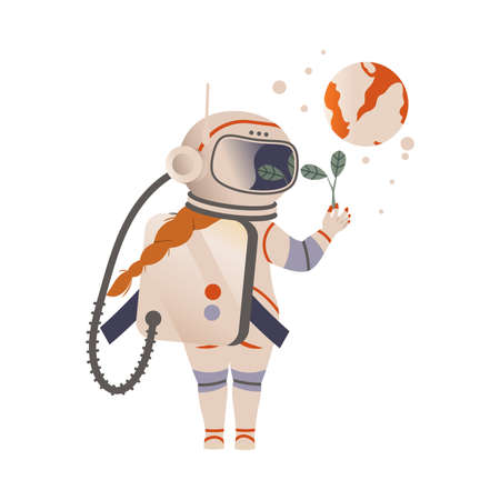 Cute girl astronaut in space suit examining green plant. Design element can be used for children print, books, stickers, posters vector illustrationのイラスト素材