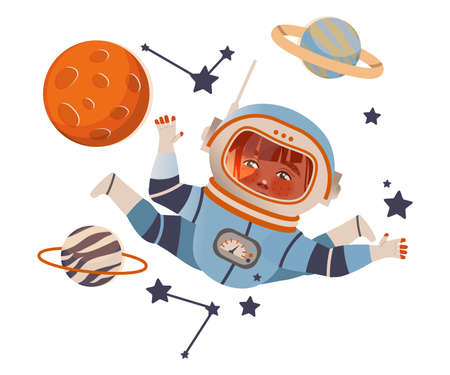 Boy astronaut flying in outer space. Design element can be used for children print, books, stickers, posters vector illustrationのイラスト素材