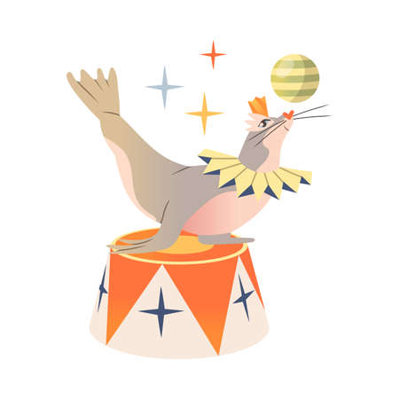 Circus seal balancing with ball cartoon vector illustration on white backgroundのイラスト素材
