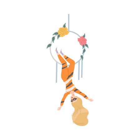 Circus artist performing at show, carnival party. Acrobatic woman making trick upside down on hanging aerial hoop cartoon vector illustrationのイラスト素材