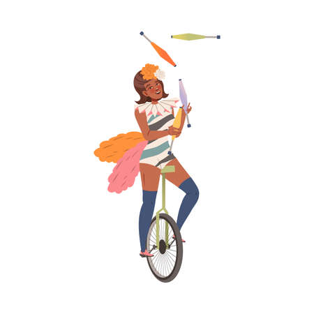 Circus artist performing at show, carnival party. Circus female juggler riding unicycle cartoon vector illustrationのイラスト素材