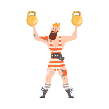 Circus artist performing at show, carnival party. Strongman lifting kettlebells cartoon vector illustrationのイラスト素材