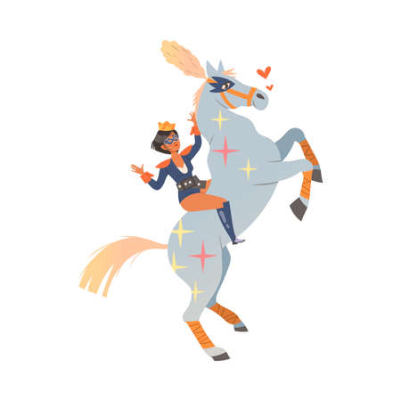 Circus artist performing at show. Girl doing tricks on running horse cartoon vector illustrationのイラスト素材