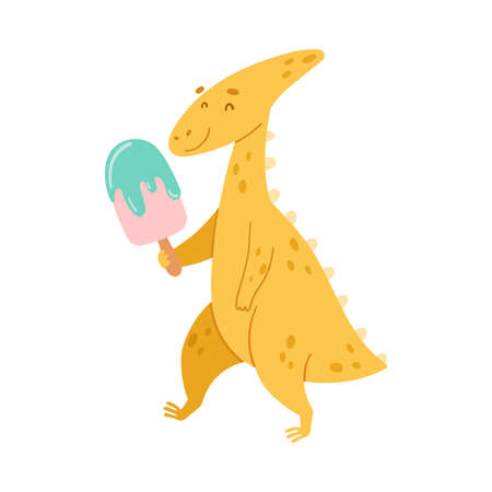 Cute yellow comic dinosaur eating ice cream. Kids t-shirt print, books, stickers, posters design vector illustrationのイラスト素材