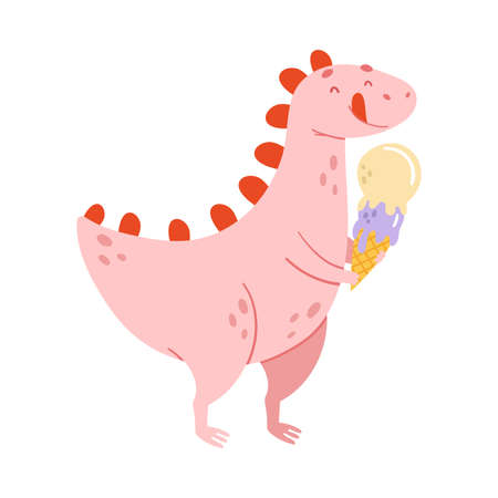 Cute pink comic dinosaur eating ice cream. Kids t-shirt print, books, stickers, posters design vector illustrationのイラスト素材