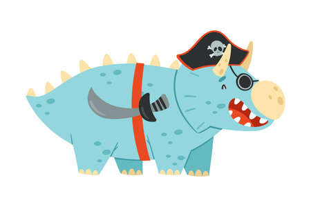 Cute comic dinosaur in pirate costume. Adorable animal dressed for carnival or masquerade party cartoon vector illustrationのイラスト素材