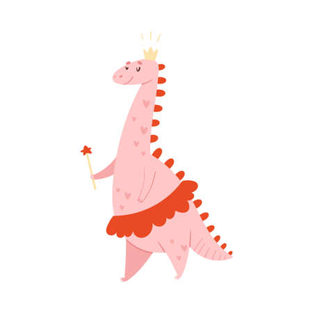 Cute comic dinosaur in princess costume. Adorable animal dressed for carnival or masquerade party cartoon vector illustrationのイラスト素材