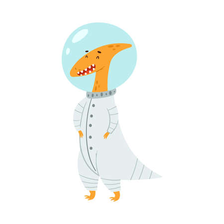 Cute comic dinosaur in astronaut costume. Adorable animal dressed for carnival or masquerade party cartoon vector illustrationのイラスト素材