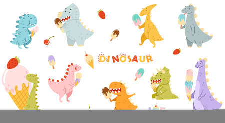 Cute comic dinosaurs eating ice cream set. Kids t-shirt print, books, stickers, posters design vector illustrationのイラスト素材