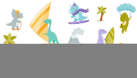 Cute adorable dinosaurs doing sports set. Lovely dino for nursery, t-shirt, book, print, poster design cartoon vector illustrationのイラスト素材