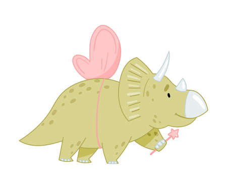 Cute adorable Triceratops animal. Lovely dino with pink wings and magic wand for nursery, t-shirt, book, print, poster design cartoon vector illustrationのイラスト素材
