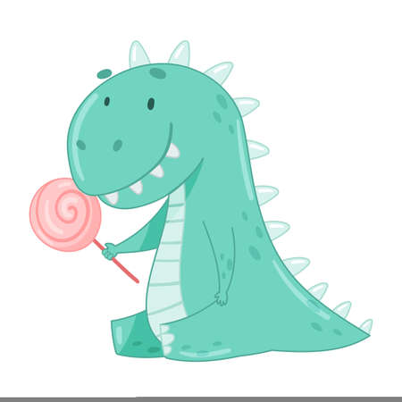 Cute adorable Acrokantosaurus animal with candy. Lovely dino for nursery, t-shirt, book, print, poster design cartoon vector illustrationのイラスト素材