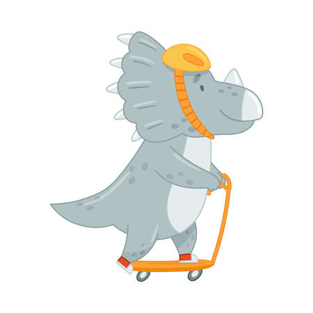 Cute adorable Stegosaurus animal riding kick scooter. Lovely dino for nursery, t-shirt, book, print, poster design cartoon vector illustrationのイラスト素材