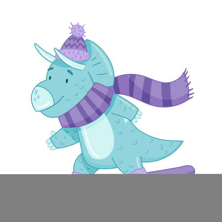 Cute adorable dinosaur animal riding snowboard. Lovely dino for nursery, t-shirt, book, print, poster design cartoon vector illustrationのイラスト素材