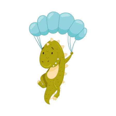Cute adorable dinosaur animal flying with parachute. Lovely dino for nursery, t-shirt, book, print, poster design cartoon vector illustrationのイラスト素材