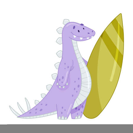Cute adorable dinosaur animal with surfboard. Lovely dino for nursery, t-shirt, book, print, poster design cartoon vector illustrationのイラスト素材