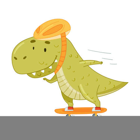 Cute adorable dinosaur animal riding skateboard. Lovely dino for nursery, t-shirt, book, print, poster design cartoon vector illustrationのイラスト素材