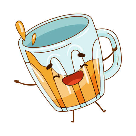 Happy funny smiling mug with splashing beer cartoon character vector illustrationのイラスト素材