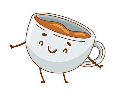Happy funny smiling tea or coffee cup cartoon character vector illustrationのイラスト素材