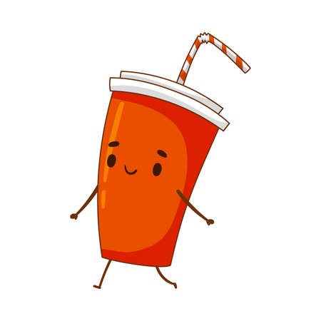 Happy funny smiling red soda cup with straw cartoon character vector illustration isolated on white backgroundのイラスト素材
